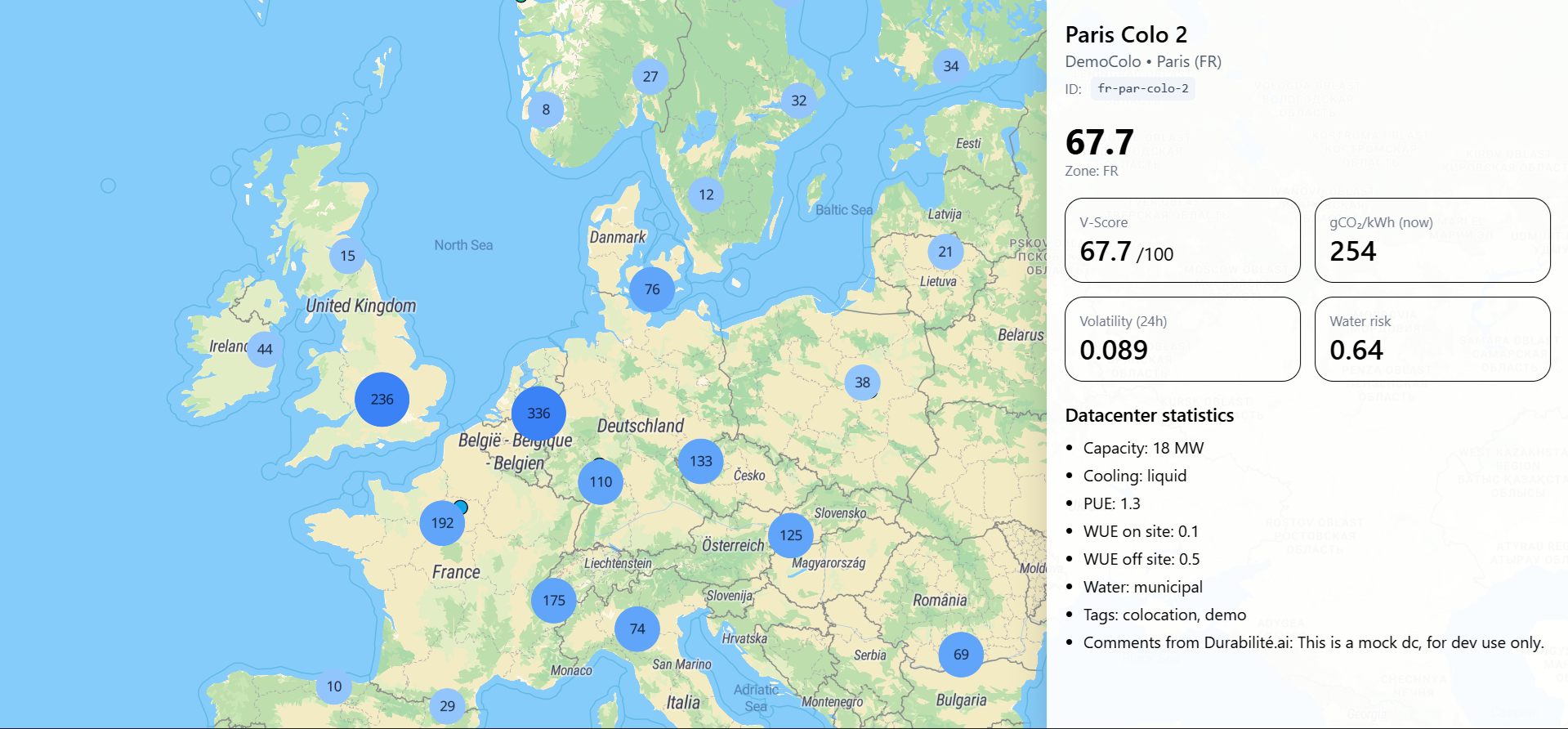 In this first look of the project, the profile of a data center contains our V-Score evaluation and some environmental specs. V-Score Demo Screenshot